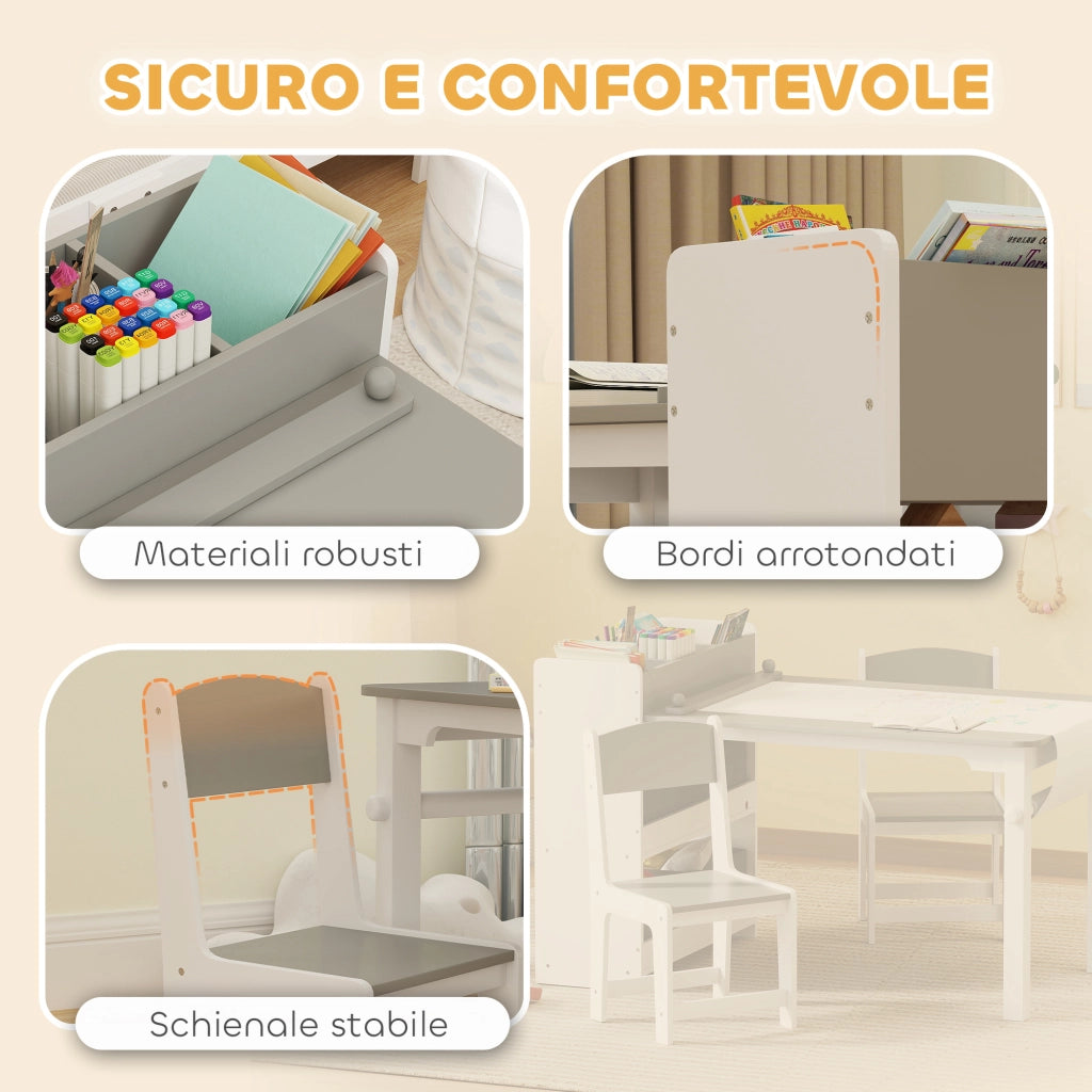 Tavolo da pranzo per bambini con 2 sedie ¨C zephmum ¨C grigio e bianco in legno e tessuto