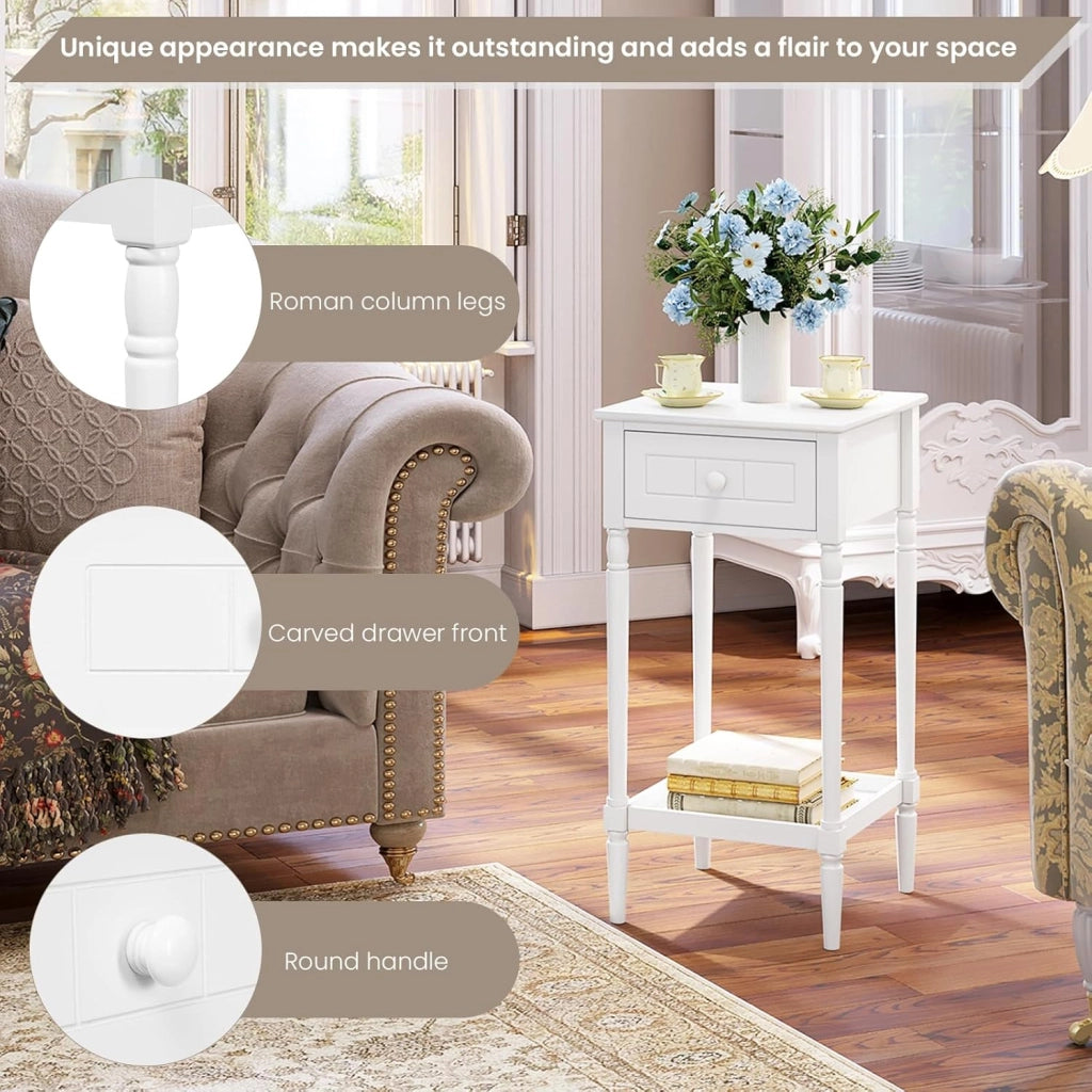 Comodino Alto con Cassetto e Ripiano Aperto, Tavolino da Divano 35x35x70,5cm, Tavolino da Salotto Bianco per Camera da Letto, Soggiorno, Stile Barocco, Gambe in Legno Massello, NTS09ws