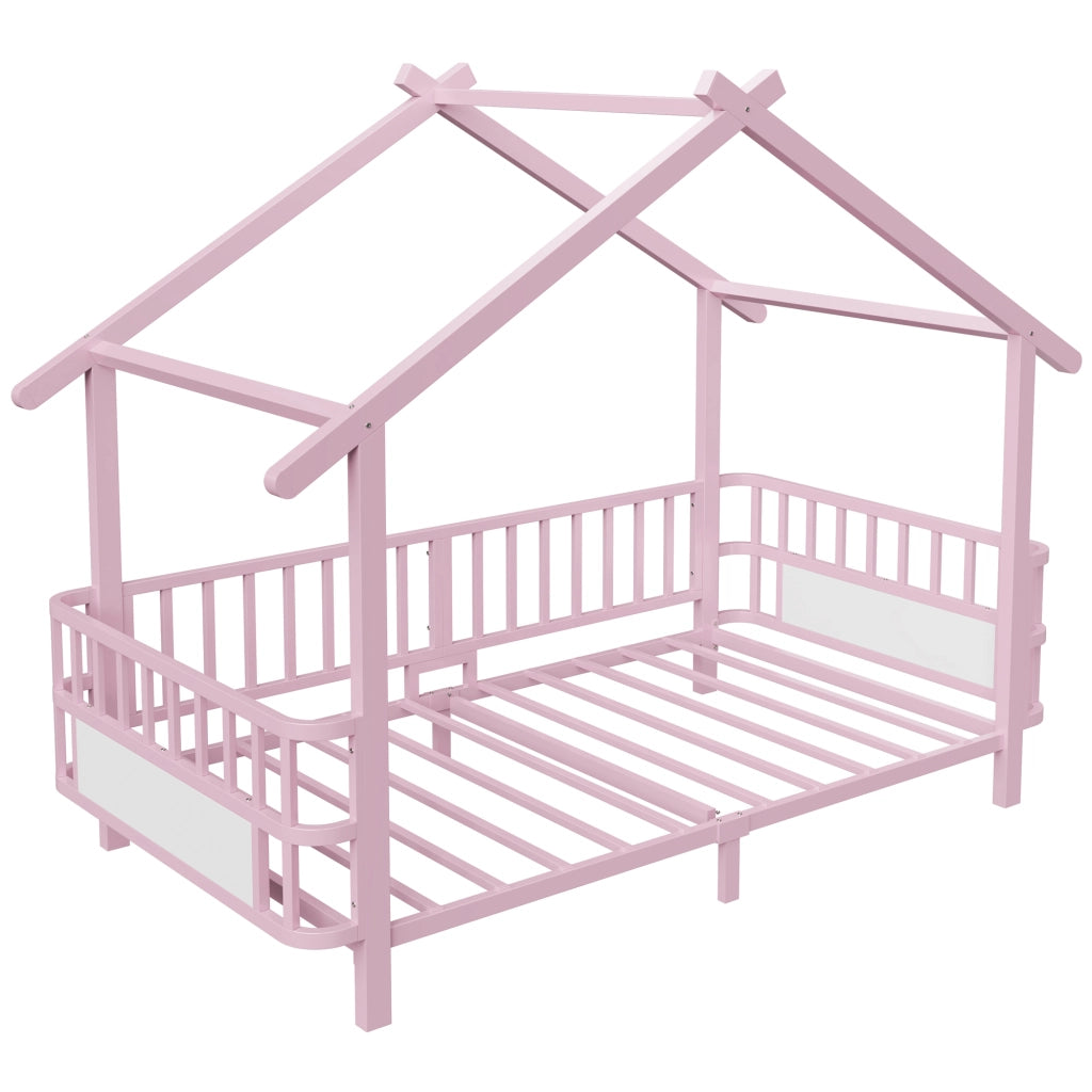 Letto per bambini in metallo a forma di casa 90 x 200 cm, con sbarre di sicurezza, design a tetto, rosa
