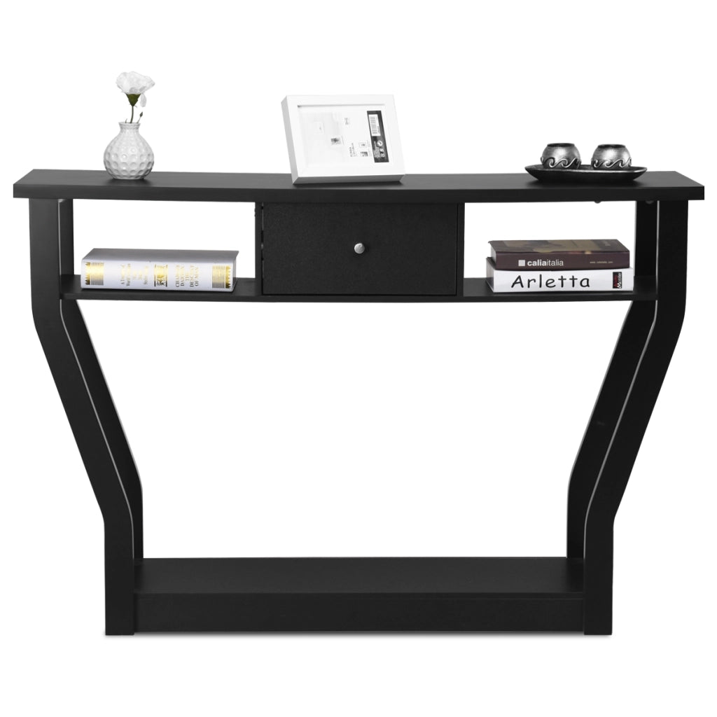 Tavolo con cassetto e 3 ripiani da studio e ufficio, Consolle per ingresso e salone multiuso 120x30x81cm Nero