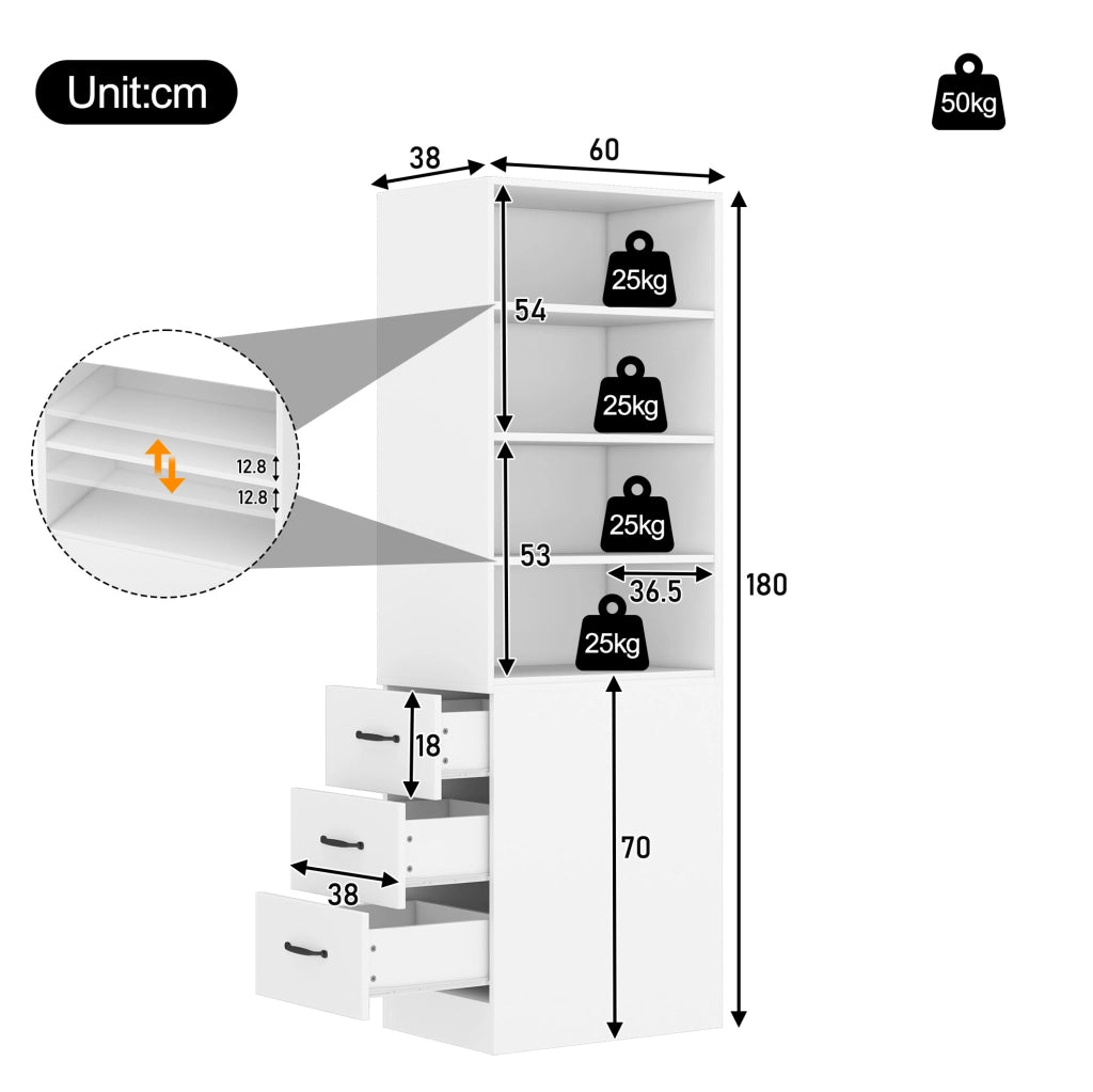 Libreria stretta alta 180 cm con cassetti laterali; bianco