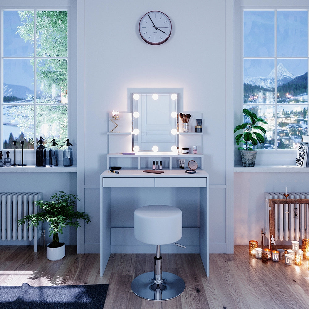 Vicco Tavolo da toeletta Bianco 80 cm con illuminazione LED e sgabello