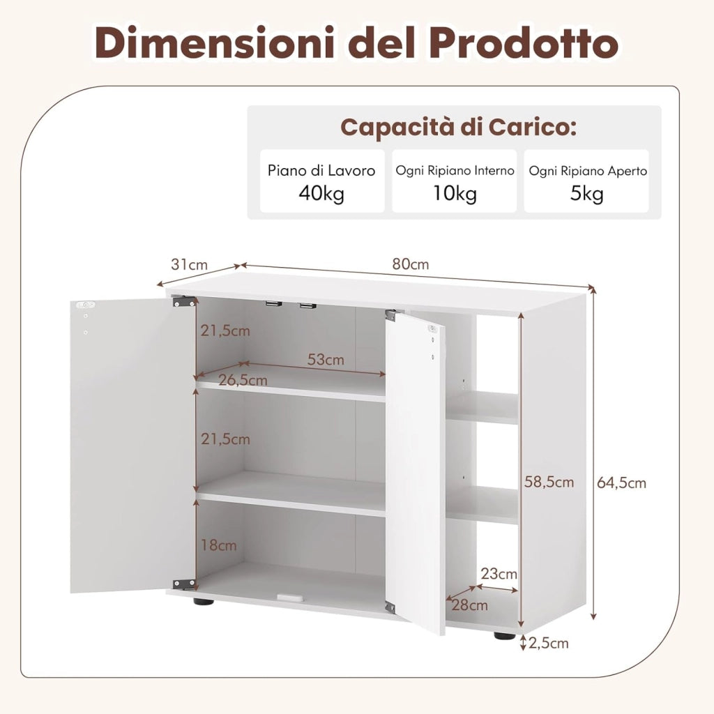 Mobiletto per Scarpe con Ante, Scaffale Porta Scarpe a 3 Ripiani con Mensole Regolabili, Organizzatore in Legno per Ingresso, Corridoio e Soggiorno, 80 x 31 x 64,5 cm (Bianco)