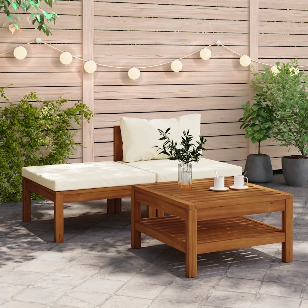 Set Divani Giardino 3 pz | Set Salotto da Giardino Cuscini Bianco Crema in Legno d'Acacia
