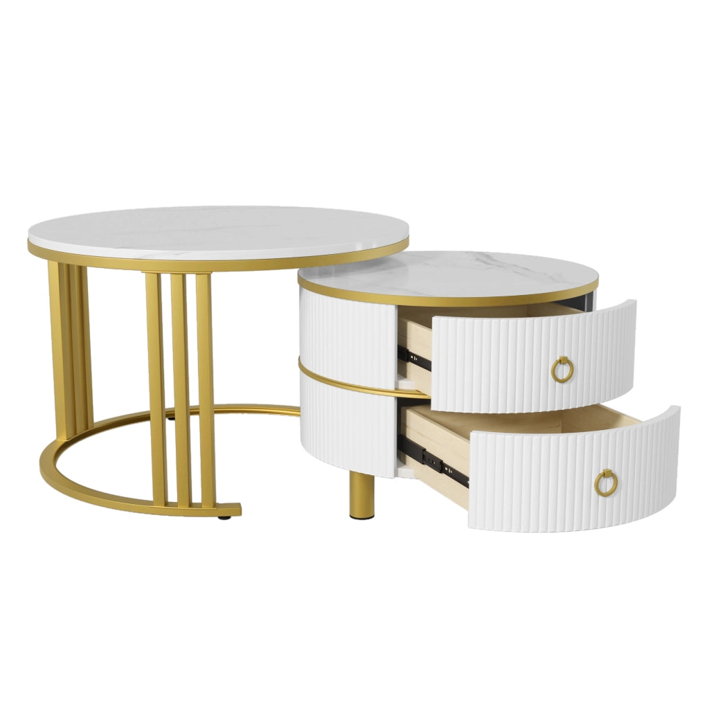 Set di tavolini da salotto 70x70x46 cm e 50x50x40 cm; piano lucido effetto marmo; MDF bianco