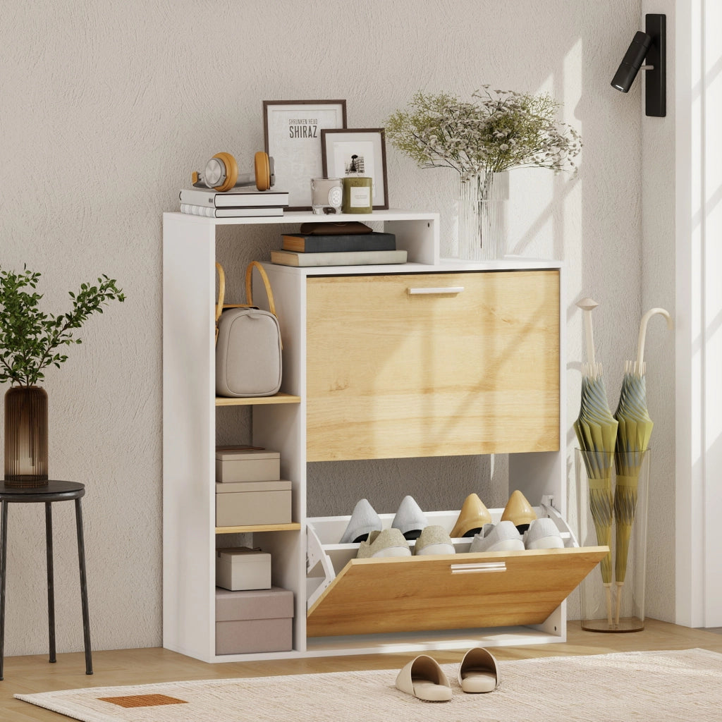 Mobile Portascarpe con Cassetti e Ripiani ¨C zephmum ¨C Bianco e Legno Naturale