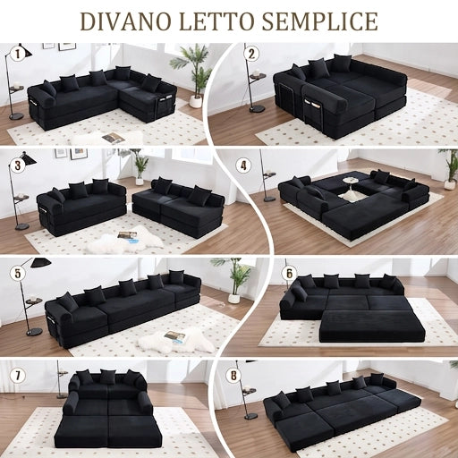 Divano modulare 4 posti 270 cm con tasca portaoggetti; in velluto a coste nero