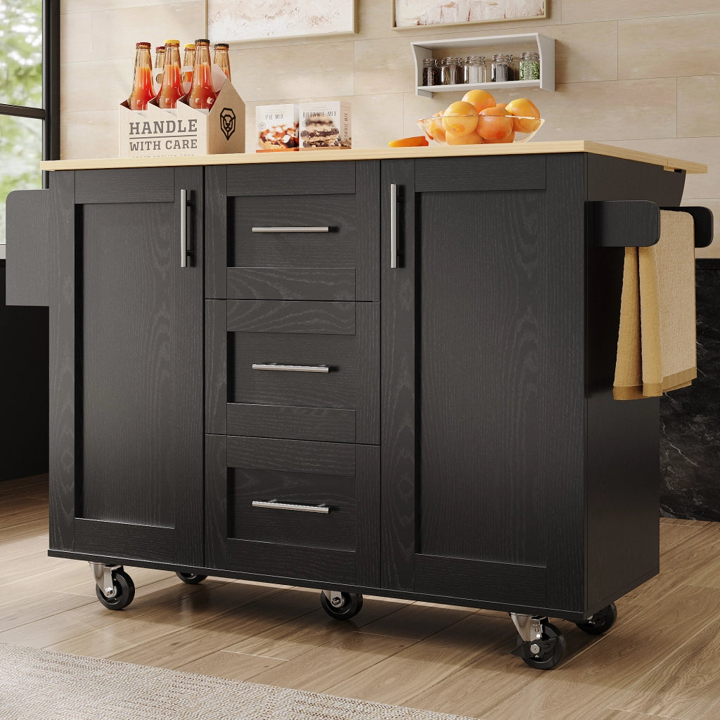 Isola Cucina con Ruote ¨C MINIMAL ¨C Nero, Legno, Ripiani, Portasalviette