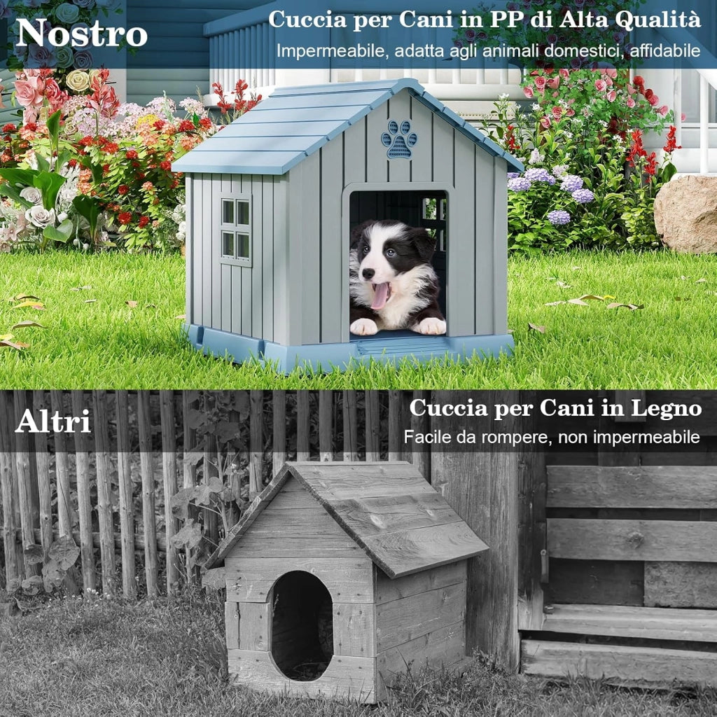 Cuccia per Cani da Esterno ed Interno, Casetta Impermeabile con Prese d’Aria e Pavimento Rialzato, per Cani di Piccola e Media Taglia