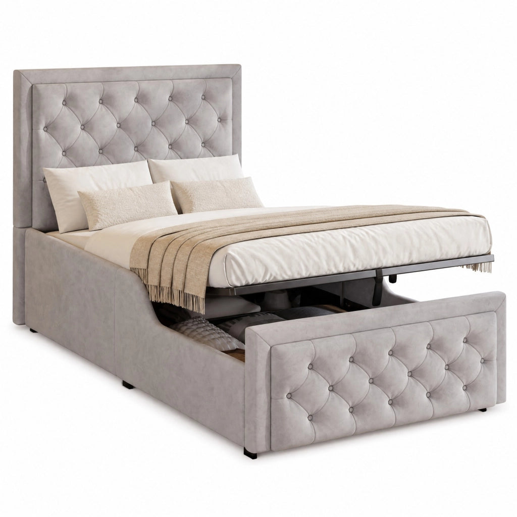 Letto singolo imbottito per bambini 90x200 cm in velluto grigio con contenitore e rete a doghe