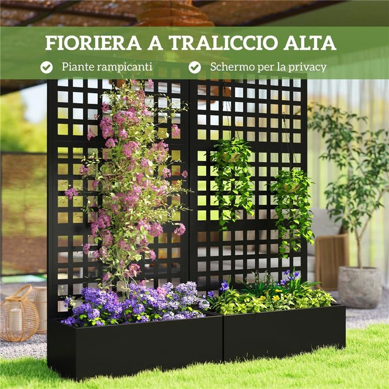 FIORIERA DA ESTERNO CON SPALLIERA PER RAMPICANTI E FRANGIVISTA IN ACCIAIO ZINCATO, 89X40.5X178 CM, NERO