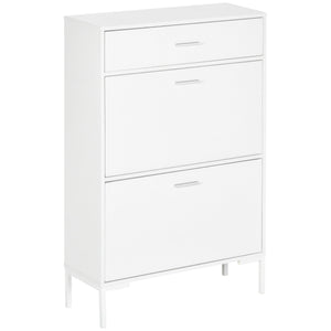 Scarpiera 12 Paia di Scarpe 76x26x110 cm 2 Ante a Ribalta e Cassetto in MDF e Metallo Bianco