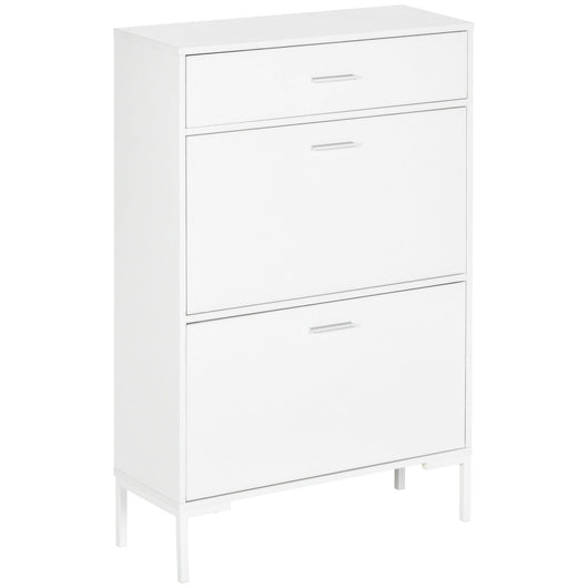 Scarpiera 12 Paia di Scarpe 76x26x110 cm 2 Ante a Ribalta e Cassetto in MDF e Metallo Bianco