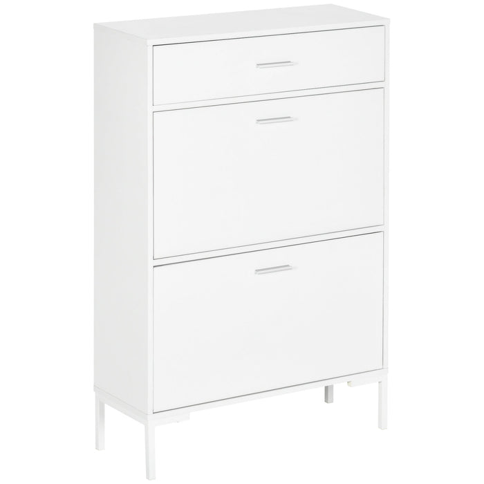 Scarpiera 12 Paia di Scarpe 76x26x110 cm 2 Ante a Ribalta e Cassetto in MDF e Metallo Bianco