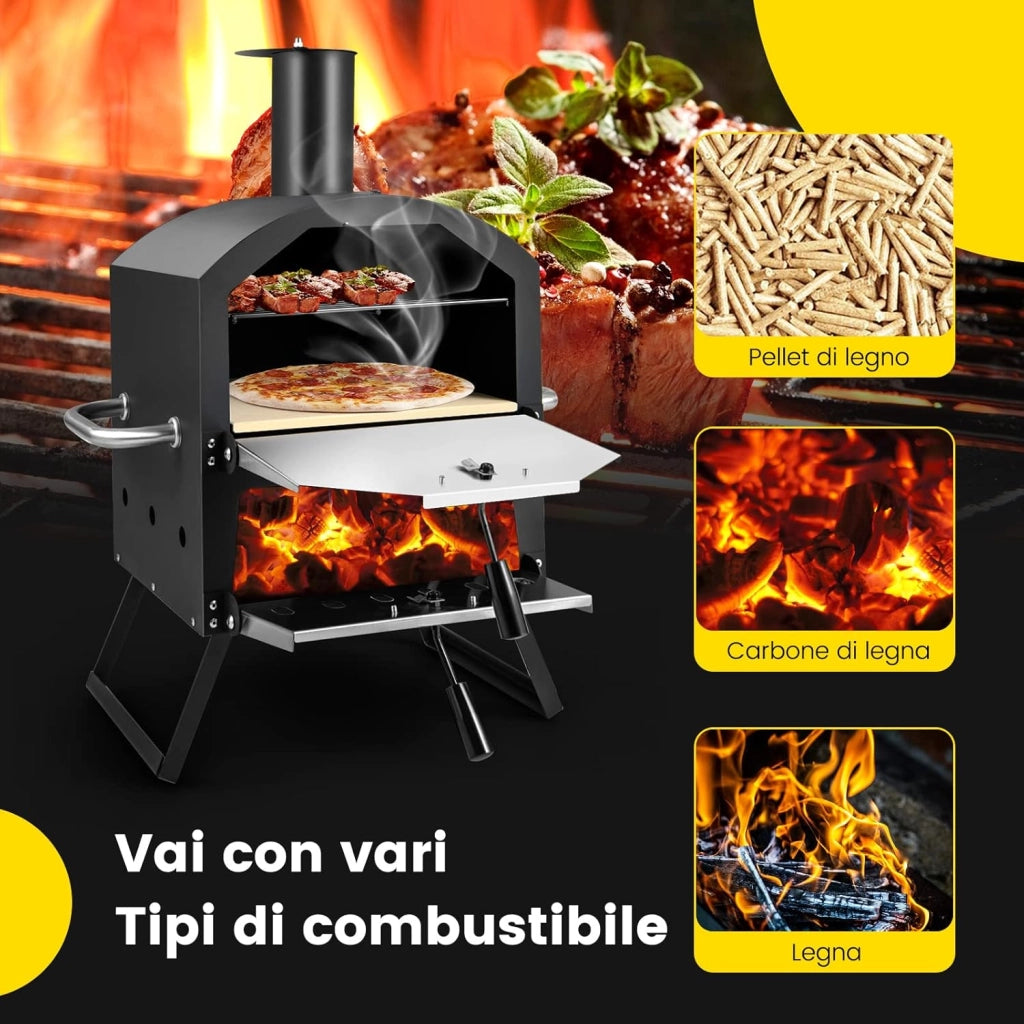 Forno per Pizza da Esterno, Forno a Legna per Pizza con Gambe Pieghevoli, 2 Strati, Pietra per pizza, Pala per Pizza, Copertura Impermeabile, per Picnic, Festa e Campeggio (Modello 6)