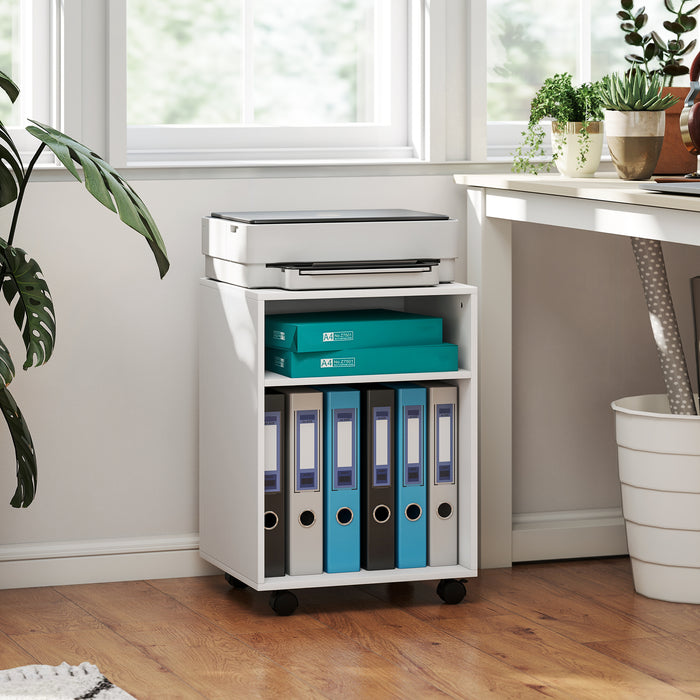 Mobile Porta Stampante con 2 Ripiani Aperti e Ruote 40x35x55.5 cm Bianco