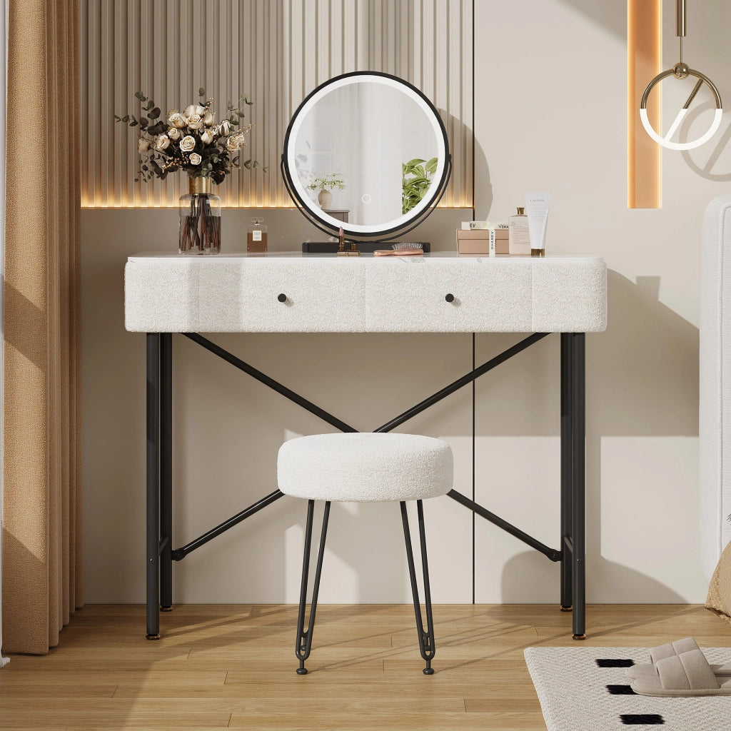 Tavolo Trucco con LED e Sgabello ¨C MINIMAL ¨C Bianco e Nero, 2 Cassetti, Piano Marmo, 100x40x120