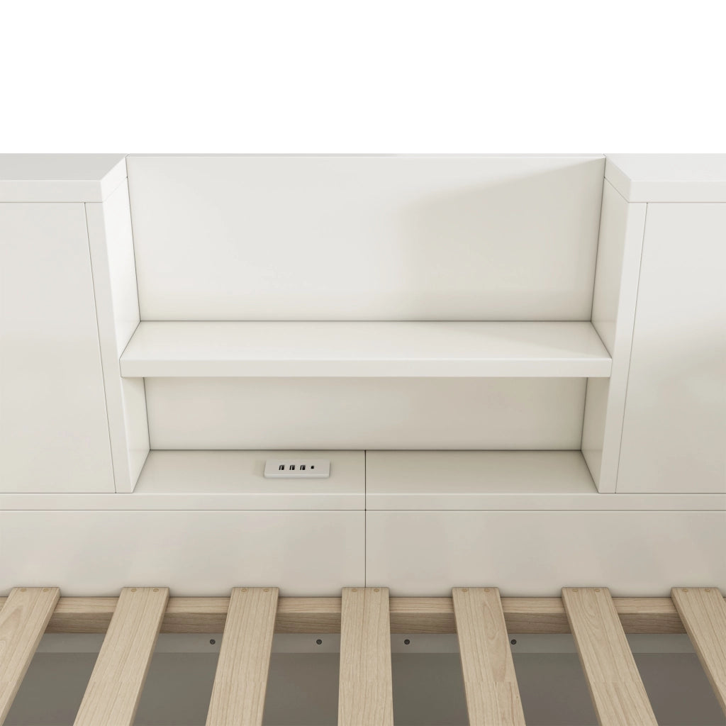 Letti contenitori 140x190 cm idraulico con vani portaoggetti e stazione di ricarica; legno; bianco (Senza materasso)