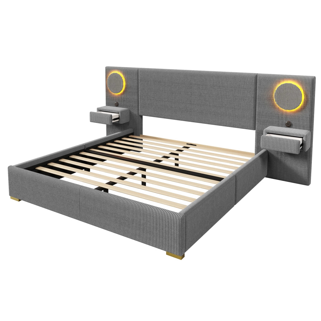 Letto matrimoniale 180 × 200 cm con LED multicolore, USB e comodini con cassetti, senza materasso, grigio