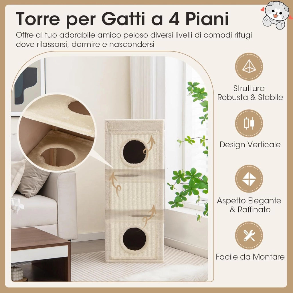 Casa per Gatti a 4 Piani, Condominio per Gatti Alto 99 cm con Trespoli per Graffiare, 3 Nascondigli e 4 Morbidi Cuscini in Peluche, Mobili per Gatti Moderni a Forma di Barile (Naturale)