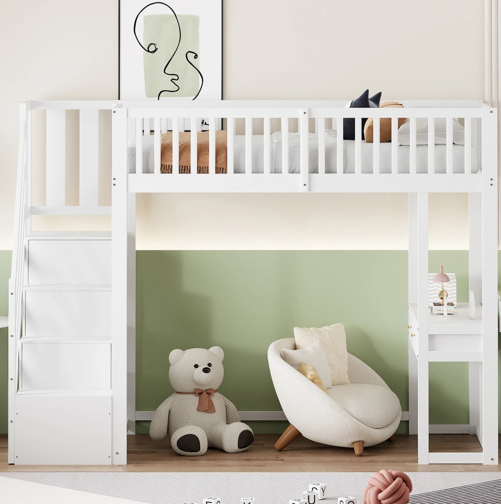 Letto a soppalco 90x200 cm con scrivania e scala contenitore; bianco
