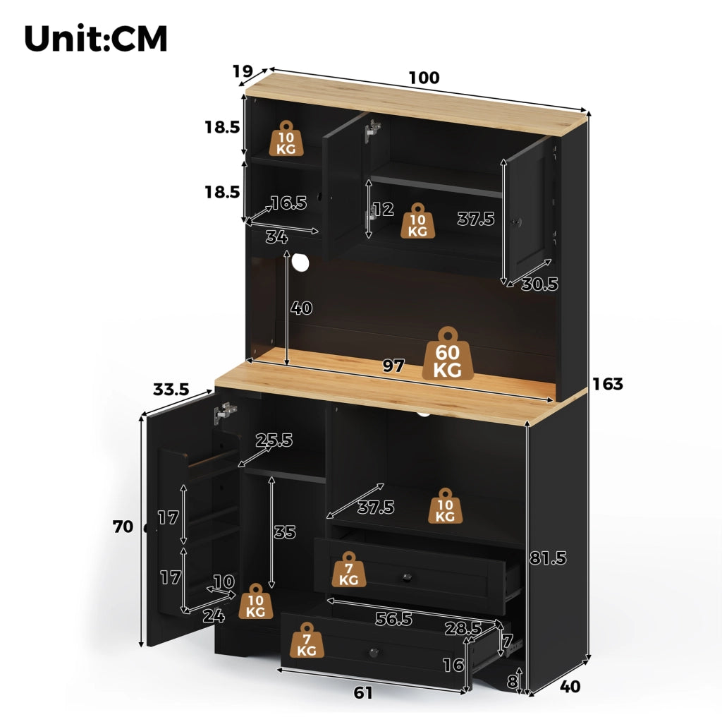 Credenza cucina multifunzione con LED, prese USB e ripiani regolabili