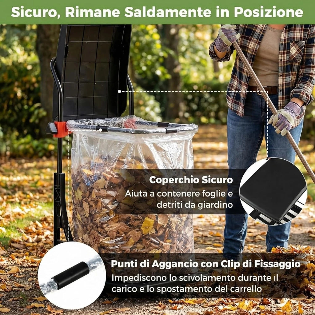 Carrello Portasacco Immondizia da Giardino, Supporto Porta Sacchi di Diverse Dimensioni, con Ruote, Coperchio e Altezza Regolabile, Carriola per Foglie, Rifiuti, Raccolta Differenziata