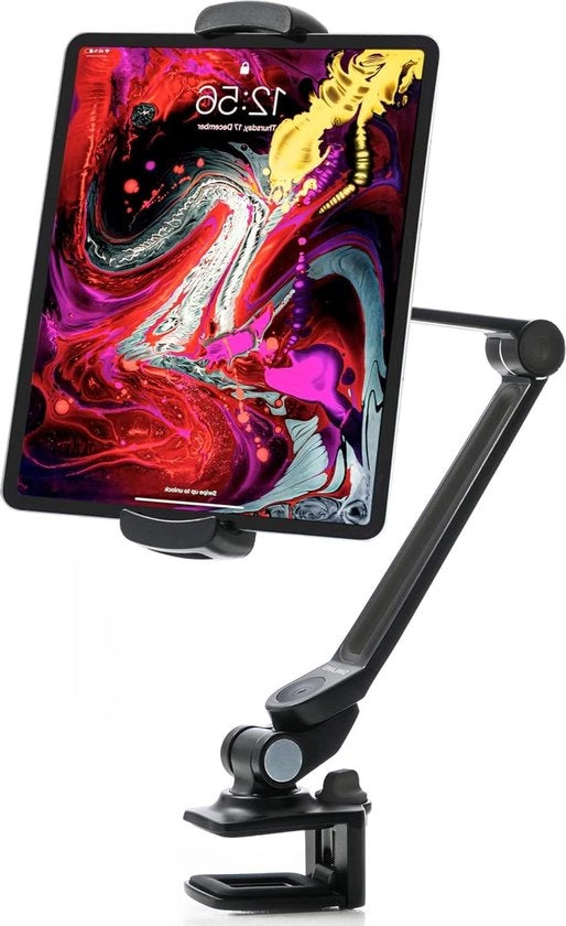 Sostegno in alluminio per tablet e smartphone - dispositivi da 47 a 129 cm - chiusura per bordi letto e tavolo