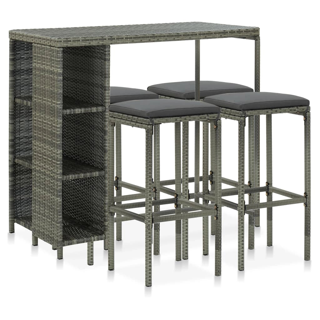 Set da bar da giardino 5 pezzi e cuscini in resina intrecciata grigia 02_0014502
