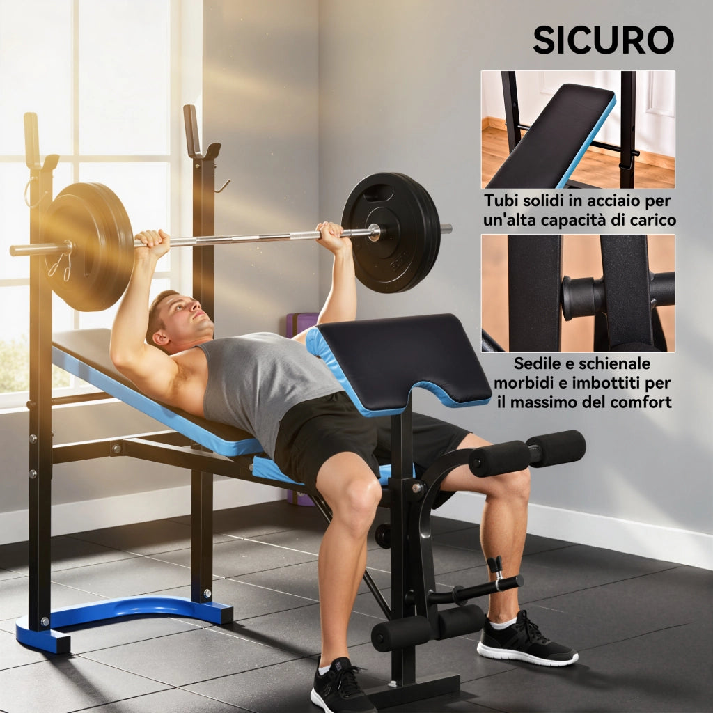 Panca Multifunzione con Supporto Bilanciere e Schienale Regolabile, in Acciaio e PU, 155x56.5x120 cm, Nero e Blu
