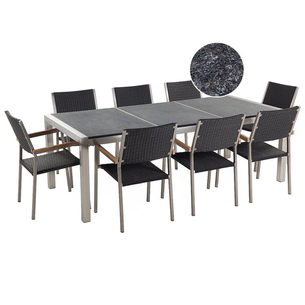 Set da pranzo da giardino Nero con piano in granito fiammato sedie in rattan 8 posti 220 x 100 cm