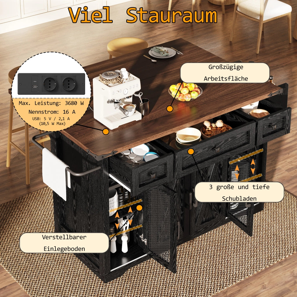 CARRELLO CUCINA con piano estraibile 120.2x45.3x91.5 cm Nero MDF
