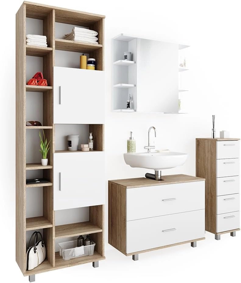 Set mobili bagno Ilias, Bianco/Sonoma, 80.2 cm, composto da mobile lavabo, pensile a specchio, colonna e base media