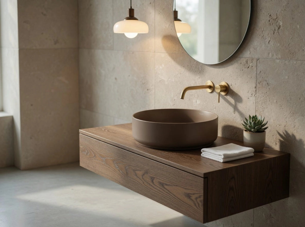 Lavabo tondo da appoggio senza troppo pieno in ceramica senza foro rubinetto - Tortora Opaco