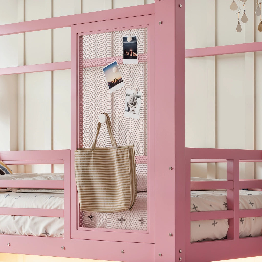Letto a soppalco per bambini rosa a casetta con scivolo; LED Bluetooth; 90 x 200 cm