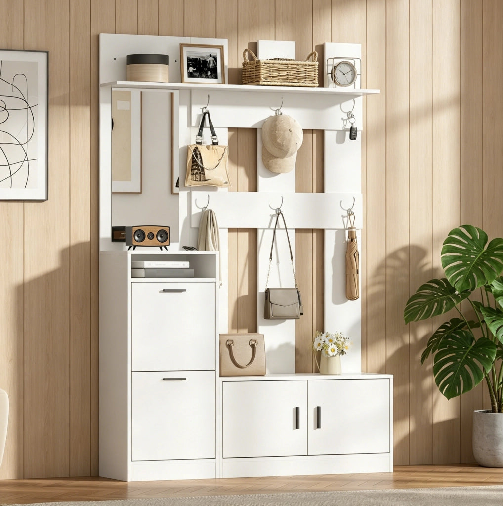 Mobile guardaroba da ingresso con scarpiera, specchio e panca in pannello MDF bianco salvaspazio
