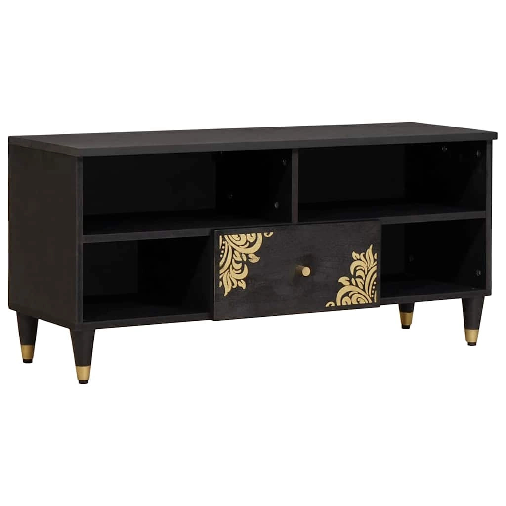 Mobile porta TV rettangolare moderno con cassetto e pratico contenitore per soggiorno 100 x 33 x 46 cm in legno di mango nero 02_0057893