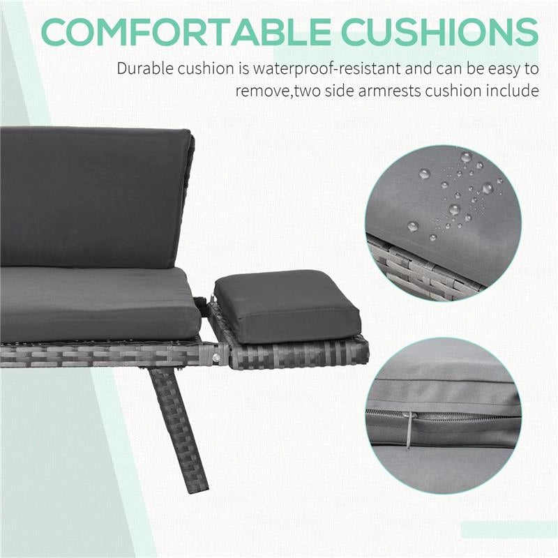 DIVANO DA GIARDINO 2 POSTI IN RATTAN CON IMBOTTITURA E BRACCIOLI RIBALTABILI, 129X63X67CM, GRIGIO