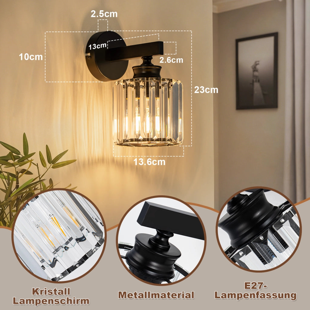 ZMH Lampada da Parete Nera con Cristallo Moderna E27 Orientabile per Interno da Comodino Corridoio Scala Camera da Letto
