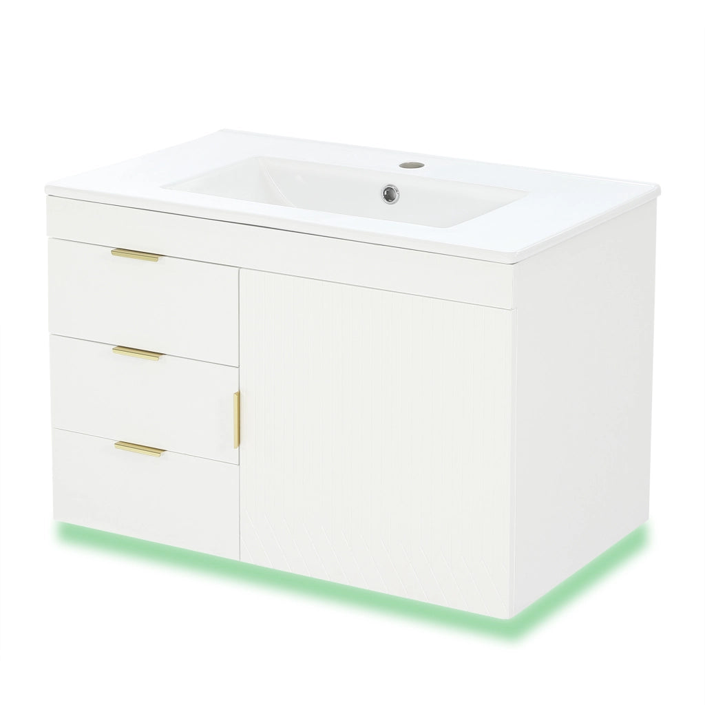 Mobile bagno sospeso con lavabo in ceramica; LED e app; 2 cassetti; 1 vano e ripiano rimovibile per bagno