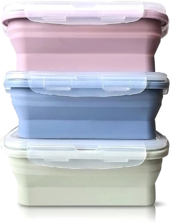 Set da 3 pezzi di contenitori in silicone pieghevoli, contenitore da picnic pieghevole con coperchio, contenitori da cibo pieghevoli, contenitori da cibo in silicone per campeggio, escursioni, viaggi (550 ml)