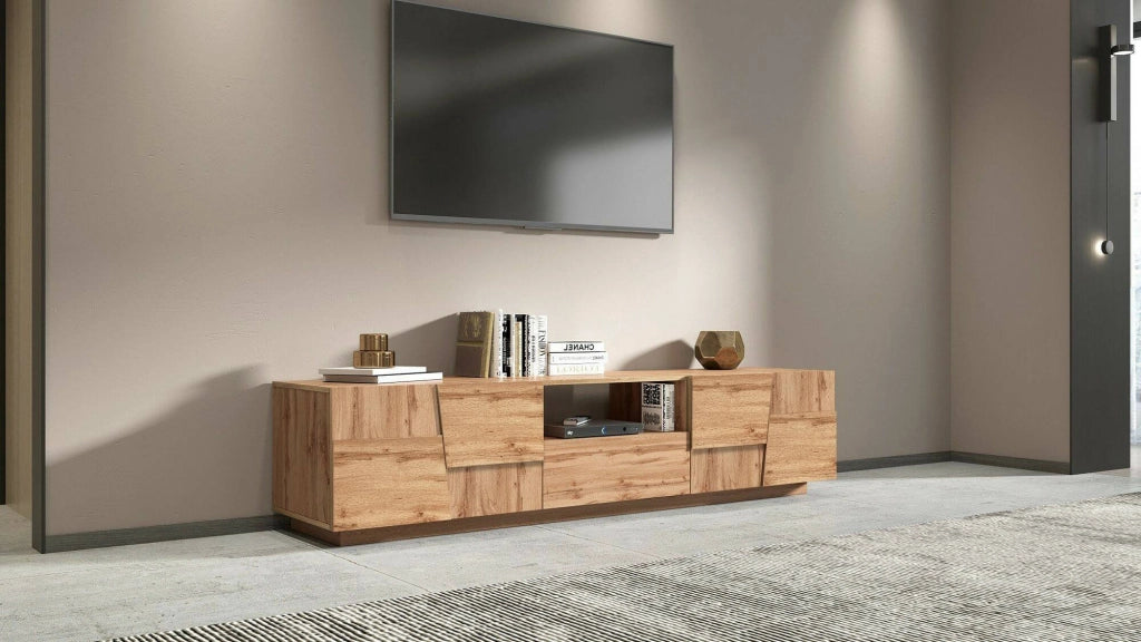 Mobile porta TV Maestrale, Credenza bassa da soggiorno con 4 ante e 1 cassetto, Base porta TV, 220x44h46 cm, Rovere