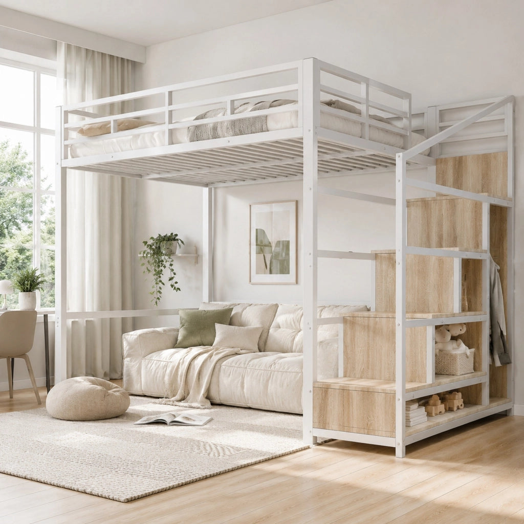 Letto a soppalco 140x200 con scala contenitore, griglia sospesa e LED