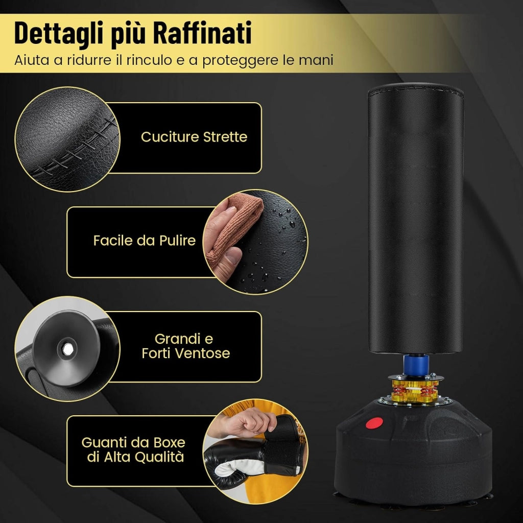 Sacco da Boxe 173 cm, Sacca da Boxe da Terra Autoportante e Pesante con Guantoni, Base a Ventosa, Costruzione a 5 Strati e Sistema Antivibrazioni per Adulti e Palestra Domestica