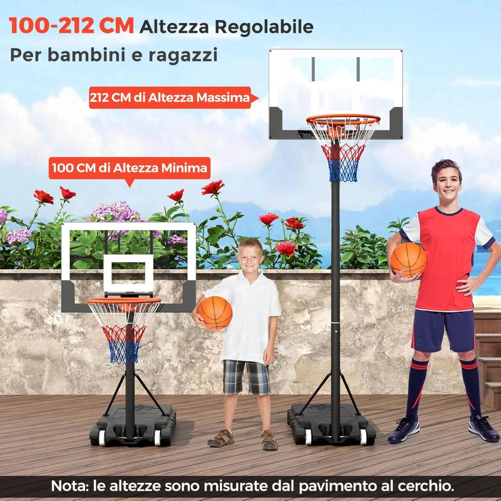 Canestro da Basket Esterno ed Interno Regolabile 100 cm-212 cm, Canestro da Basket per Bambini/Adolescenti Portatile con Tabellone in PC, Base Riempibile e Ruote