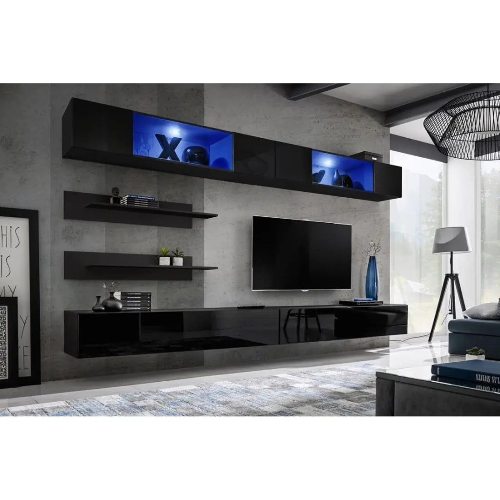 Set di mobili sospesi con LED di colore nero. Collezione FLY