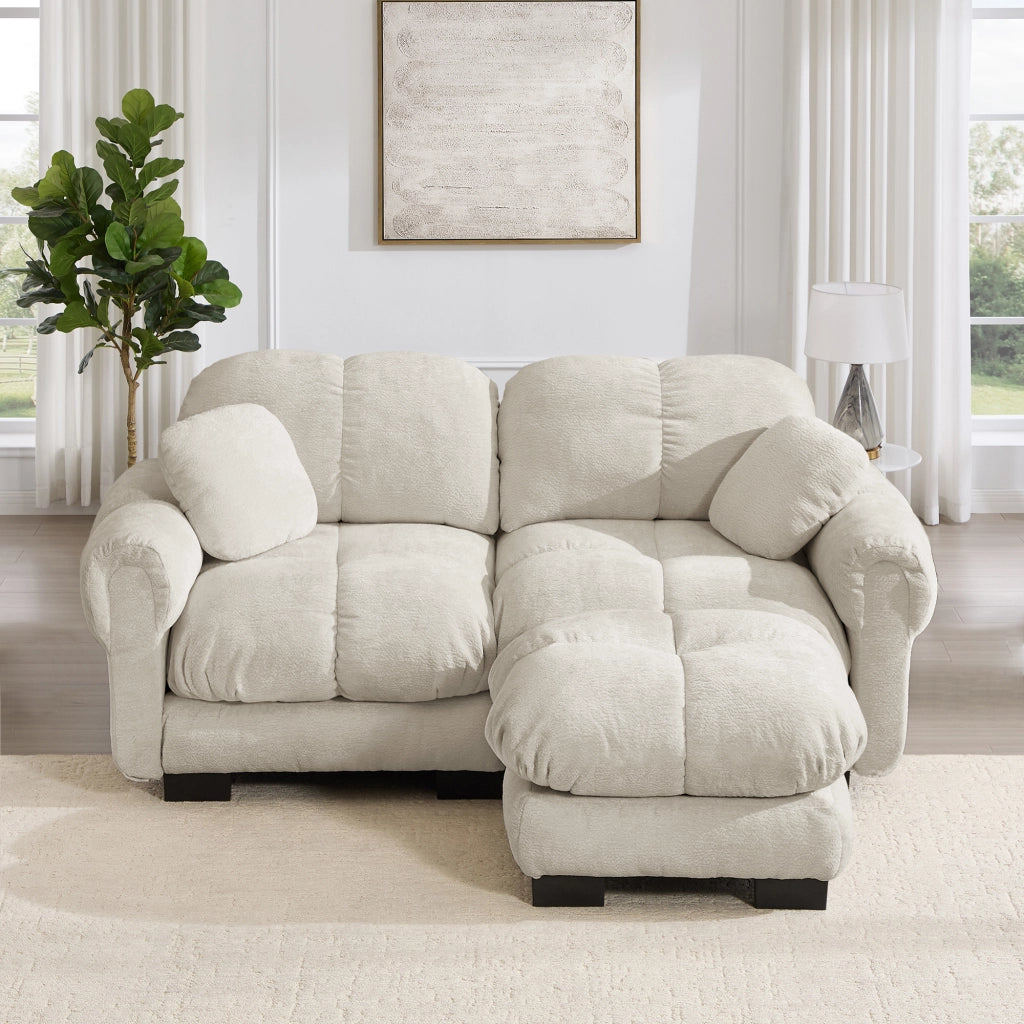 Divano angolare modulare 2 posti in Chenille con Cuscino mobile e pouf, Light Khaki