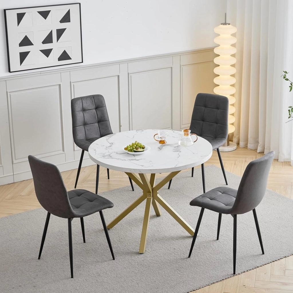 GrandCA HOME Set Tavolo e Sedie da Pranzo, 4 Sedie da Pranzo in Pelle Tecnica Marrone Chiaro e un Tavolo da Pranzo Rotondo Moderno da 100 cm, adatti per Cucina e Soggiorno (Marmo Bianco 1)