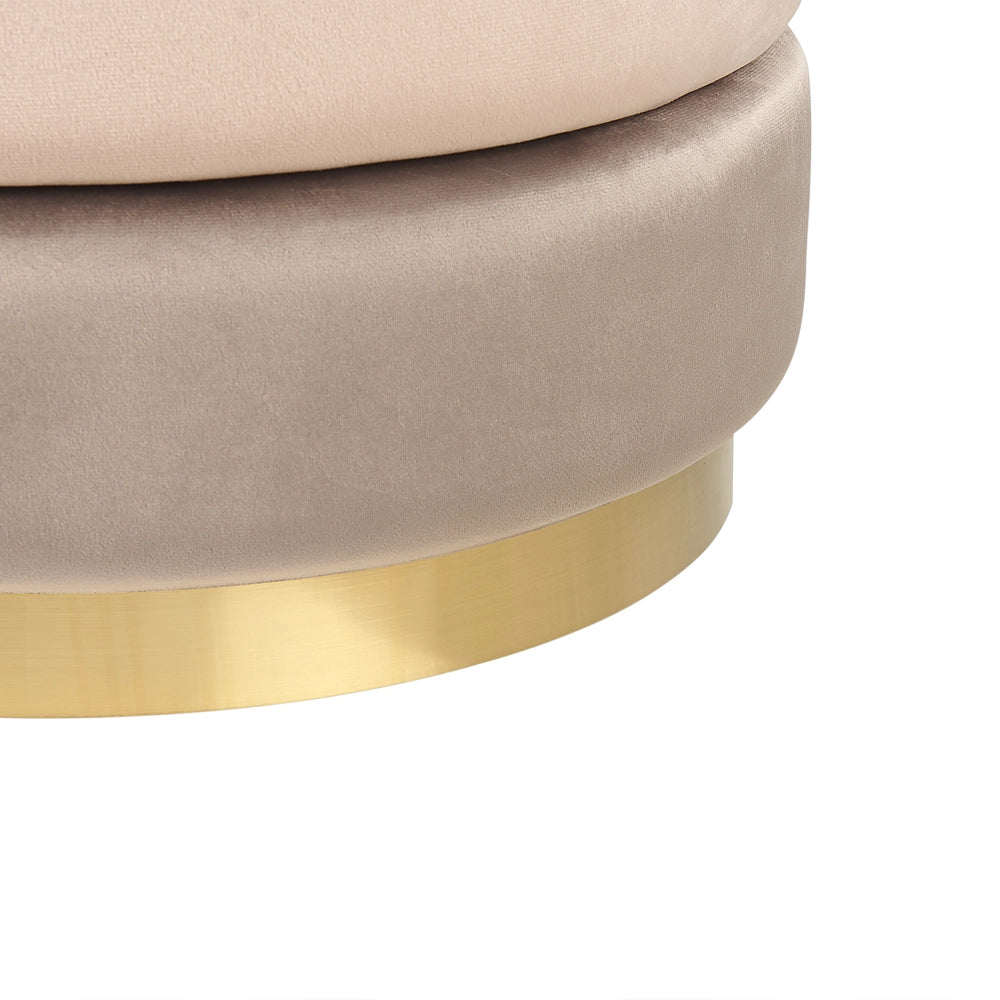 Pouf in tessuto di velluto di colore beige rotondo con base in oro glamour stile moderno