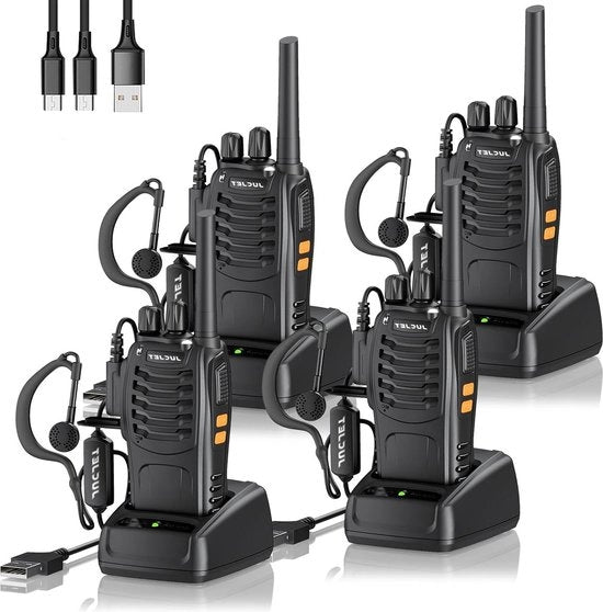 Radiocomunicação a Due Vie con Ricarica, Raggio di Azione Ampliato, 16 Canali e Lampada LED, Include Caricatore e Auricolari (4 pezzi)